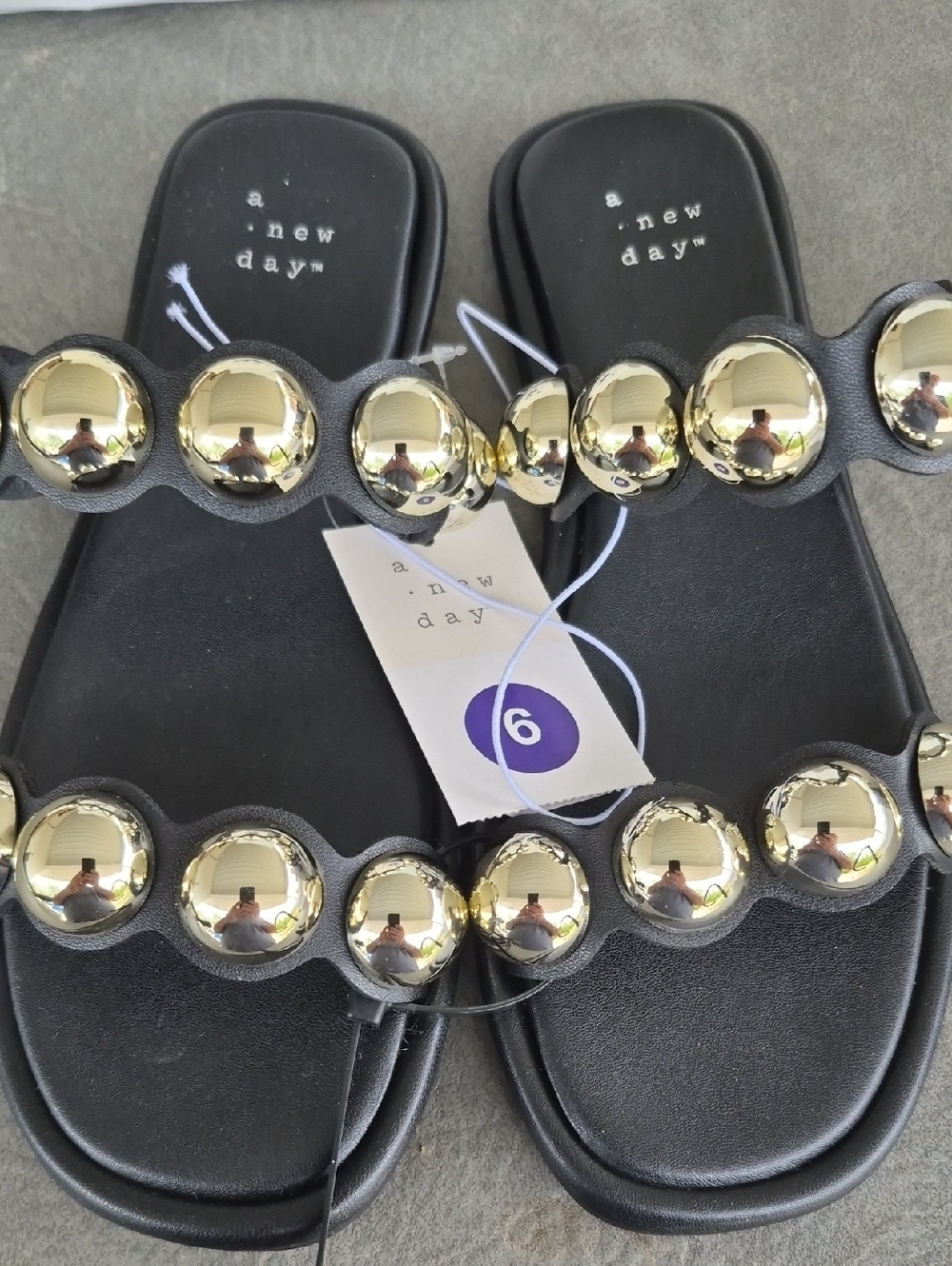 a new day Black Slide Sandals with Gold Ball Studs